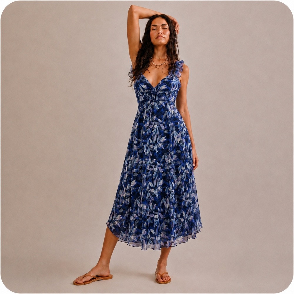 Floral Fairy Ruffle Midi Dress Women 14 Blue Chiffon Y2K Feminine Cocktail Party
